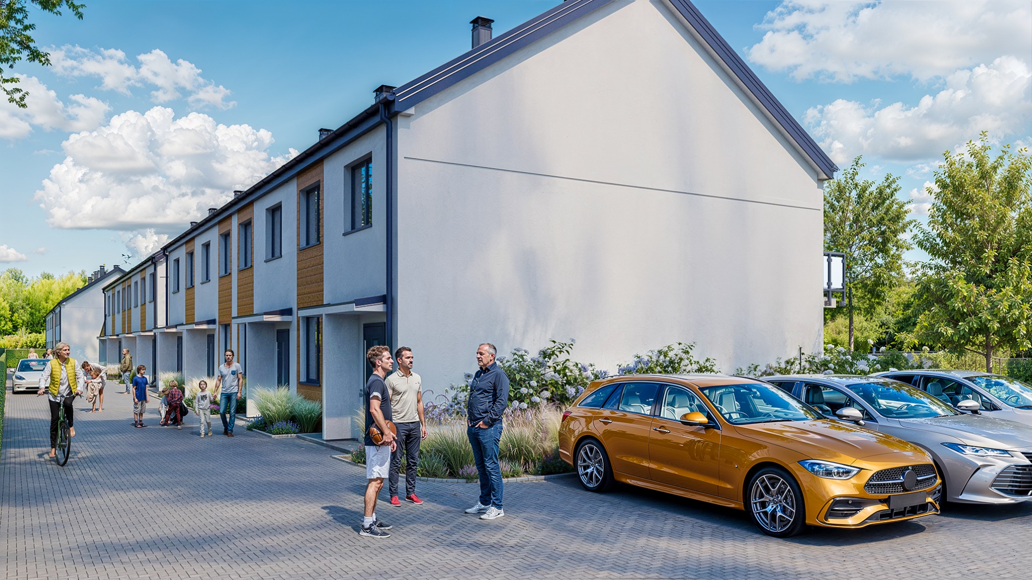 Wizualizacja osiedla nowych domów szeregowych z zaparkowanymi samochodami i spacerującymi ludźmi w słoneczny dzień.
