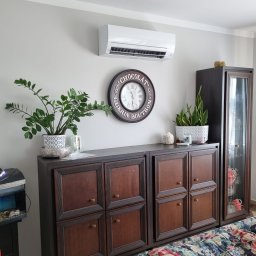 CHŁODER Kornel Gryboś - Biała jednostka klimatyzacyjna zamontowana na ścianie nad ciemnobrązowymi szafkami, ozdobiona roślinami doniczkowymi i zegarem ściennym.