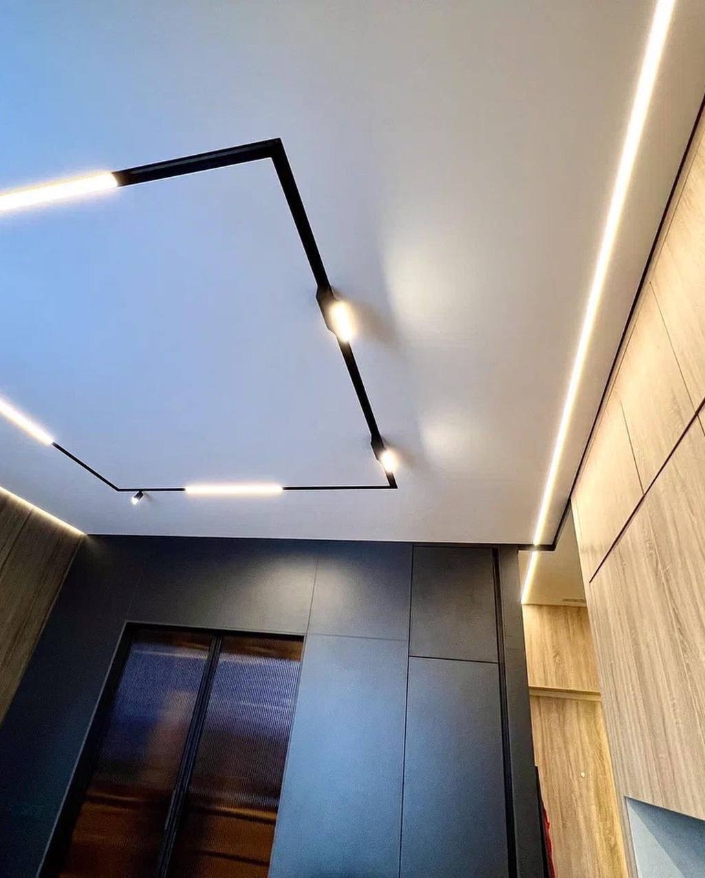 Nowoczesny sufit z geometrycznym układem czarnych profili i liniowych lamp LED, oświetlających również ścianę z zabudową i drzwiami.