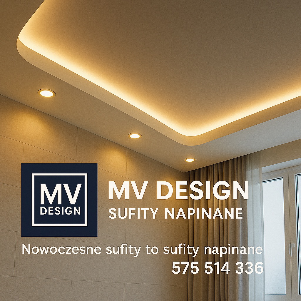 Nowoczesny sufit napinany z podświetleniem LED, o nieregularnym kształcie, z logo firmy MV Design i numerem telefonu. Ciepłe oświetlenie, jasne ściany.