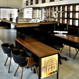 Wnętrze salonu optycznego z ekspozycją okularów w gablotach, biurkami z komputerami Apple oraz drewnianymi elementami wykończenia. Na pierwszym planie stolik z edukacyjną zabawką dla dzieci.