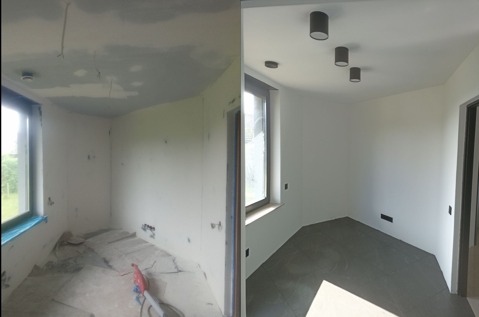Pokój przed i po remoncie: od surowych ścian i podłogi do gładkich powierzchni, nowej podłogi z szarych płytek i nowoczesnego oświetlenia sufitowego.
