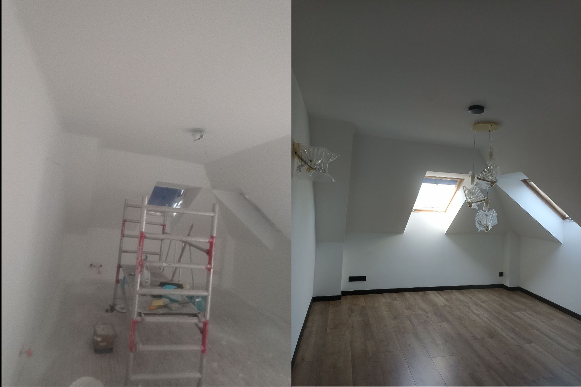 Zdjęcie 'przed i po' remontu poddasza: po lewej rusztowanie i surowe ściany, po prawej wykończone wnętrze z oknami dachowymi, nową podłogą i oświetleniem.