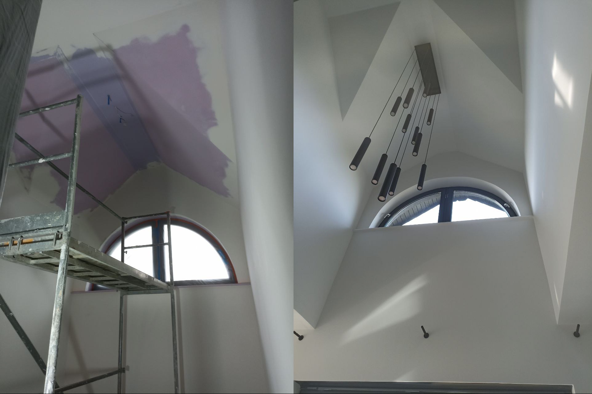 Zdjęcie 'przed i po' remontu wnętrza: ściana z rusztowaniem i śladami farby oraz odnowiona ściana z oknem i lampą wiszącą. Widoczne różnice w wykończeniu i oświetleniu.