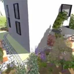 Wizualizacja 3D projektu zagospodarowania terenu wokół nowoczesnego domu z elementami drewnianej pergoli, ścieżki z kamienia i tarasu z meblami ogrodowymi