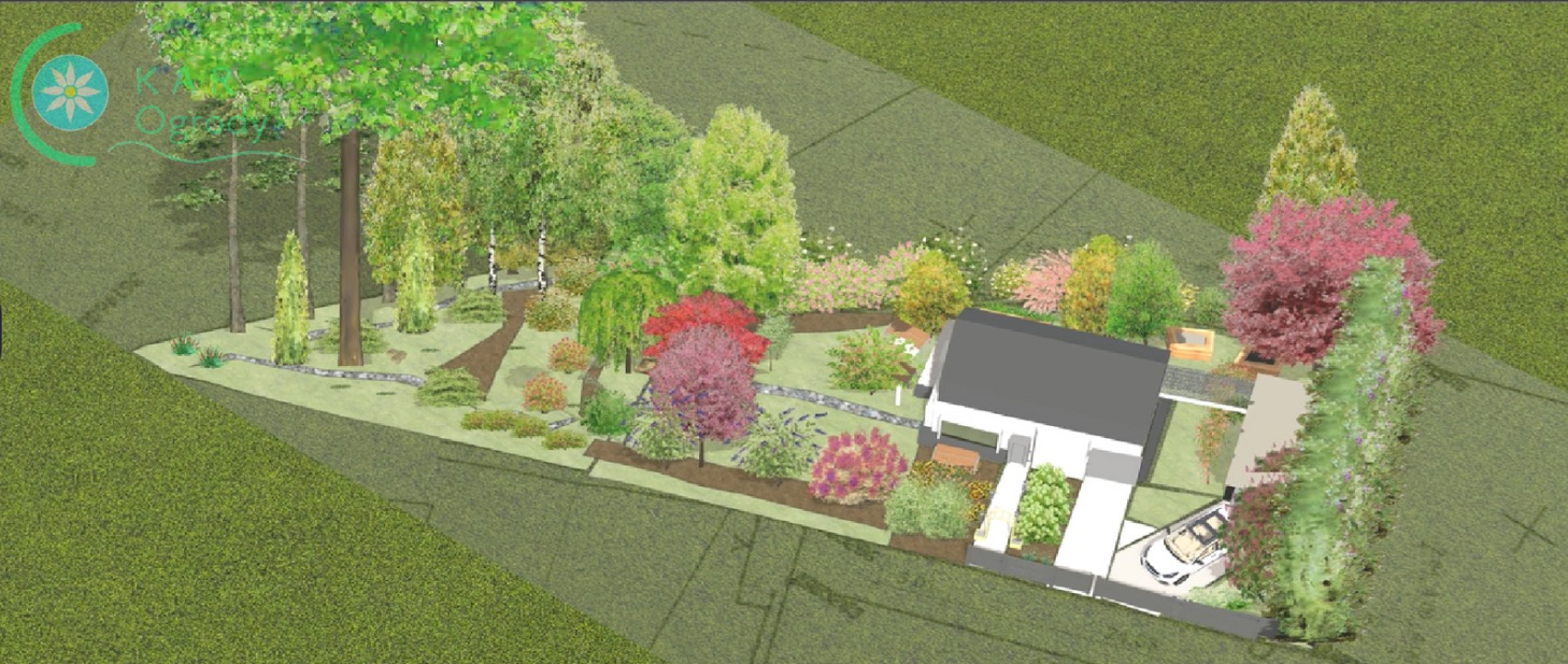 Wizualizacja 3D zagospodarowania terenu wokół domu jednorodzinnego z licznymi drzewami, krzewami, ścieżką i podjazdem dla samochodu.