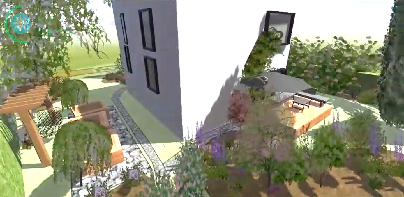 Wizualizacja 3D projektu zagospodarowania terenu wokół nowoczesnego domu z elementami drewnianej pergoli, ścieżki z kamienia i tarasu z meblami ogrodowymi