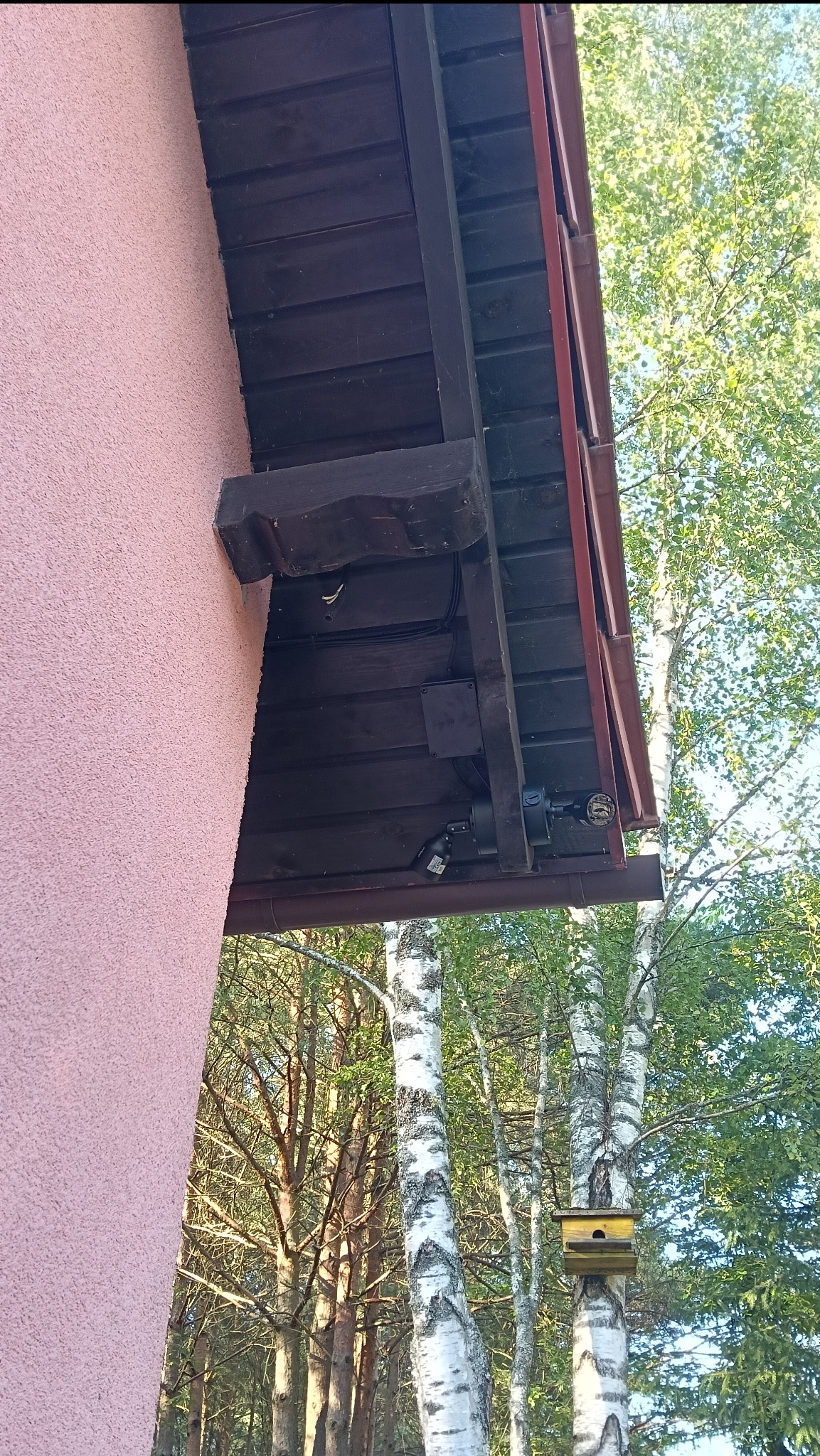 Kamera monitoringu zamontowana pod okapem budynku z różową elewacją, widoczne przewody i puszka instalacyjna. W tle drzewa, w tym brzoza z budką dla ptaków.