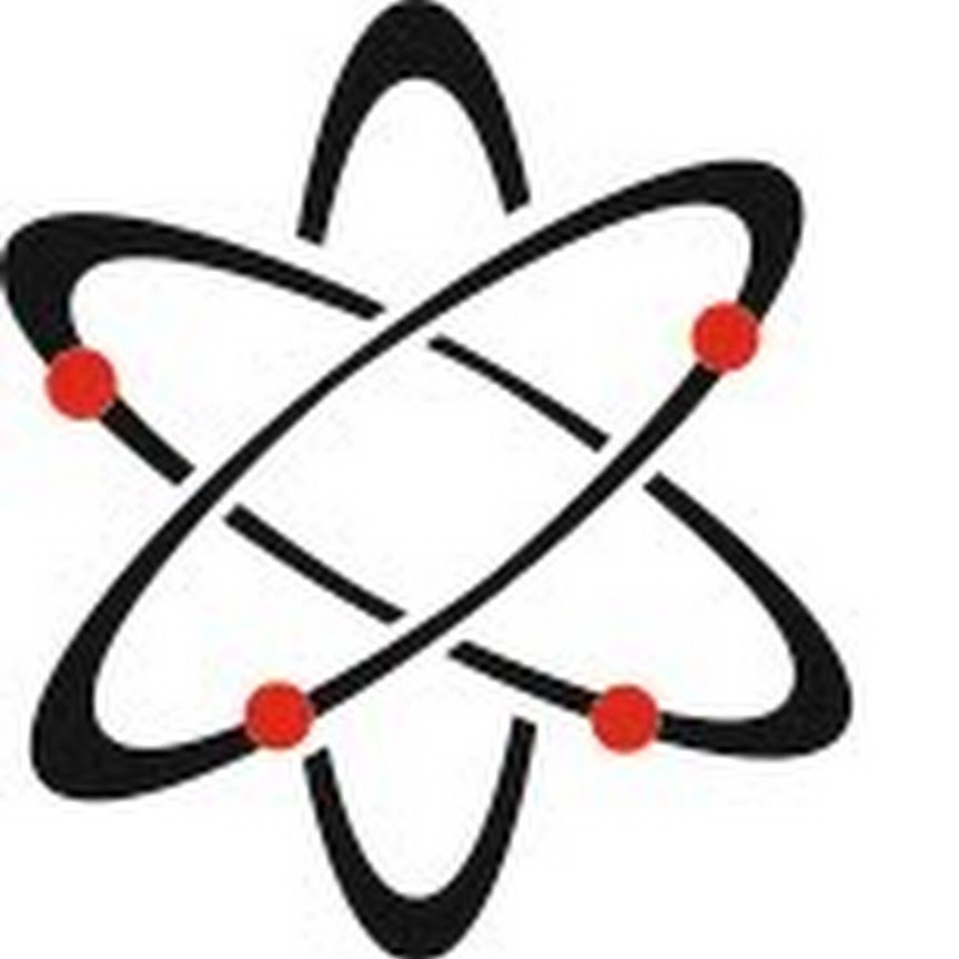 Stylizowany symbol atomu z trzema orbitami i czerwonymi punktami, prawdopodobnie logo firmy z branży technologicznej lub energetycznej.