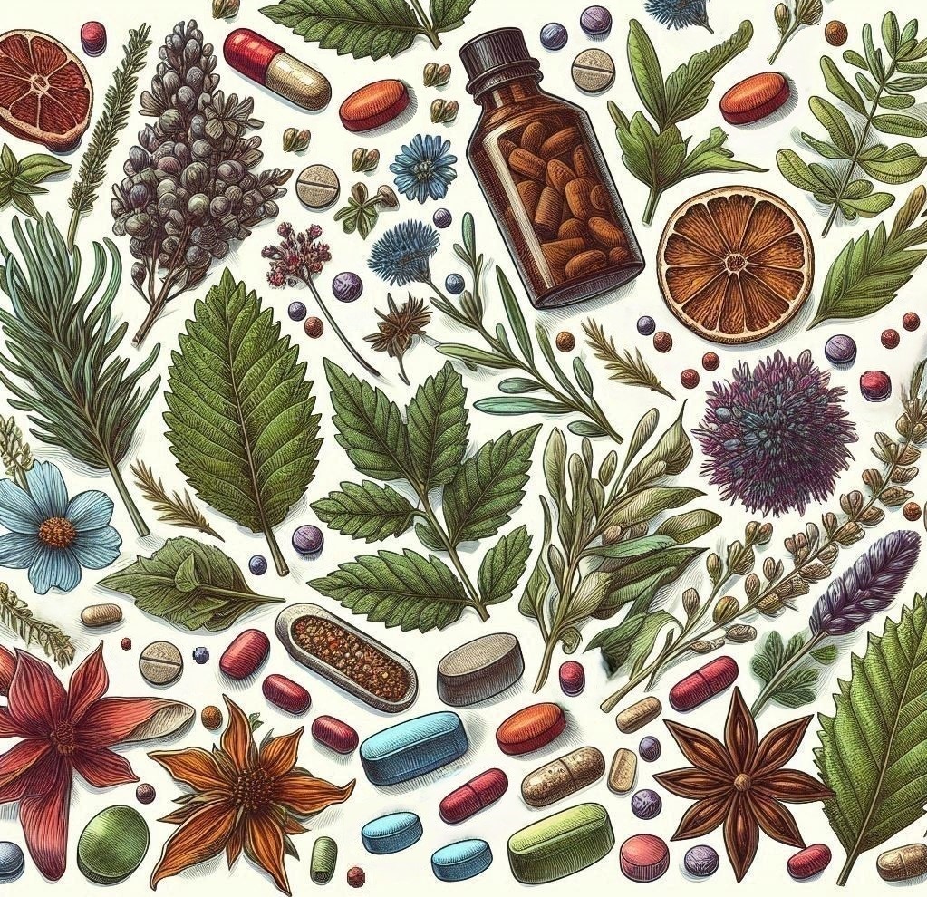 Grafika przedstawiająca różnorodne zioła, kwiaty, owoce cytrusowe i tabletki w różnych kształtach i kolorach, ułożone na białym tle, z butelką wypełnioną brązowymi kapsułkami w centrum kompozycji.