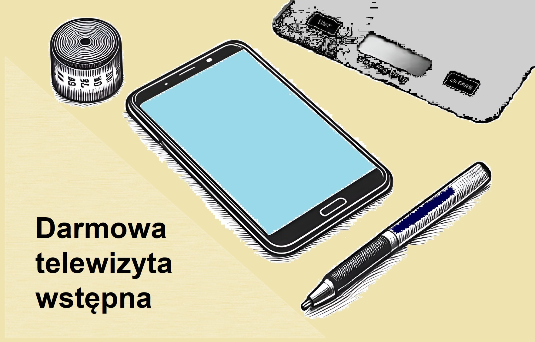 Rysunek przedstawiający smartfon z pustym ekranem, miarkę krawiecką, wagę kuchenną i długopis, obok napis 'Darmowa tele-wizyta wstępna'.