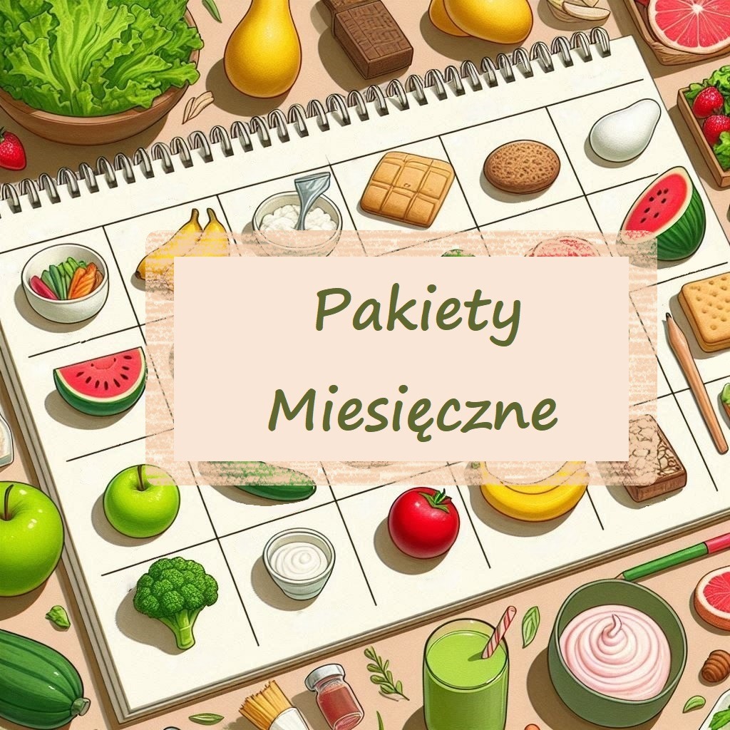 Ilustracja przedstawiająca kalendarz z różnymi produktami spożywczymi w poszczególnych okienkach, sugerujący miesięczny plan żywieniowy. Na środku napis 'Pakiety Miesięczne'.