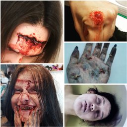 Makeup - Kompozycja zdjęć przedstawiająca efekty specjalne makijażu: rana na czole, zakrwawiona pięść, dłoń z larwami, uśmiechnięta zakrwawiona twarz z brudnymi rękami oraz twarz kobiety w wodzie.