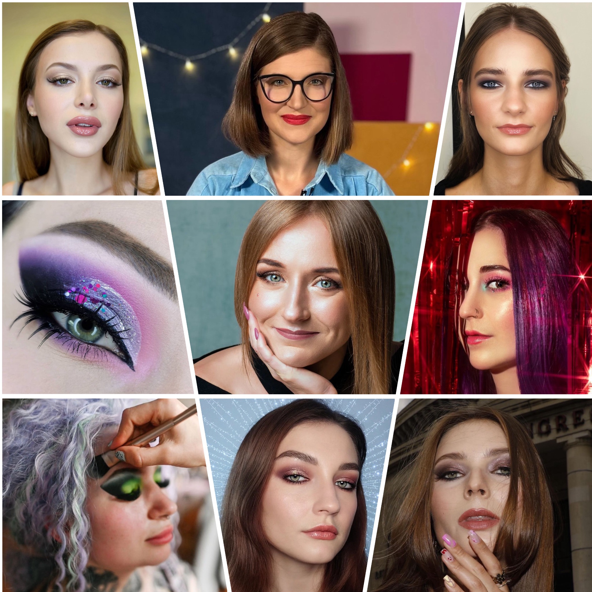 Kolaż dziewięciu zdjęć portretowych kobiet z różnymi stylizacjami makijażu: naturalny, wieczorowy, artystyczny z brokatem, oraz w trakcie wykonywania makijażu, z różnymi kolorami włosów i tłem.