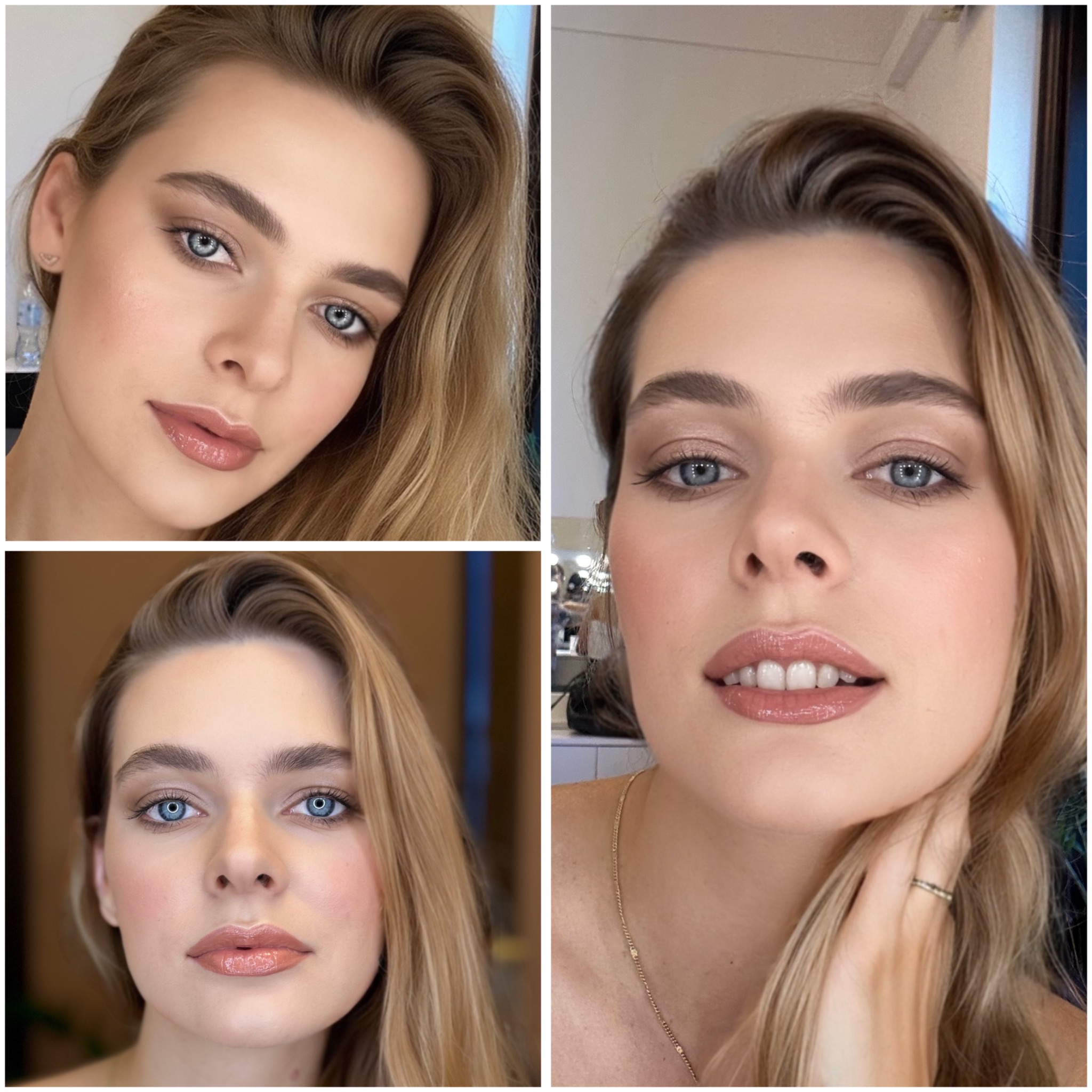 Kolaż portretów kobiety z delikatnym makijażem, uwydatnione błyszczące usta i podkreślone brwi, widoczna złota biżuteria.