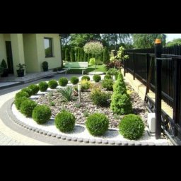 Europe Planta Vitalii Vyshatytskyi - Starannie zaprojektowany i zadbany ogród przydomowy z okrągłą rabatą wysypaną białym żwirem, na której rosną kuliste krzewy, iglaki i byliny, widoczny fragment domu i czarne ogrodzenie.