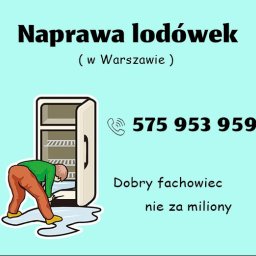Ihor Vysotskyi Pan Chłodniarz - Ilustracja: serwisant pochylony nad otwartą lodówką, w tle numer telefonu i hasło 'Dobry fachowiec nie za miliony'. Grafika w pastelowych kolorach.
