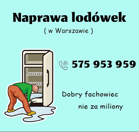 Ilustracja: serwisant pochylony nad otwartą lodówką, w tle numer telefonu i hasło 'Dobry fachowiec nie za miliony'. Grafika w pastelowych kolorach.