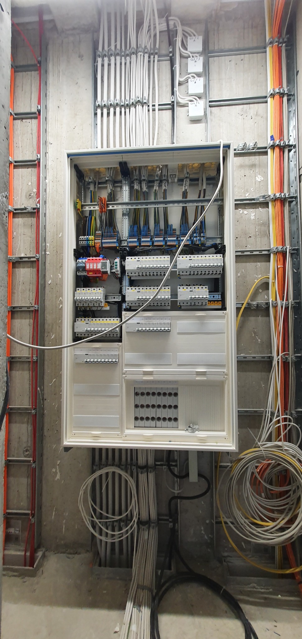 Rozdzielnica elektryczna z licznymi przewodami w Ostrowcu Świętokrzyskim, widoczna na tle surowej betonowej ściany podczas montażu.