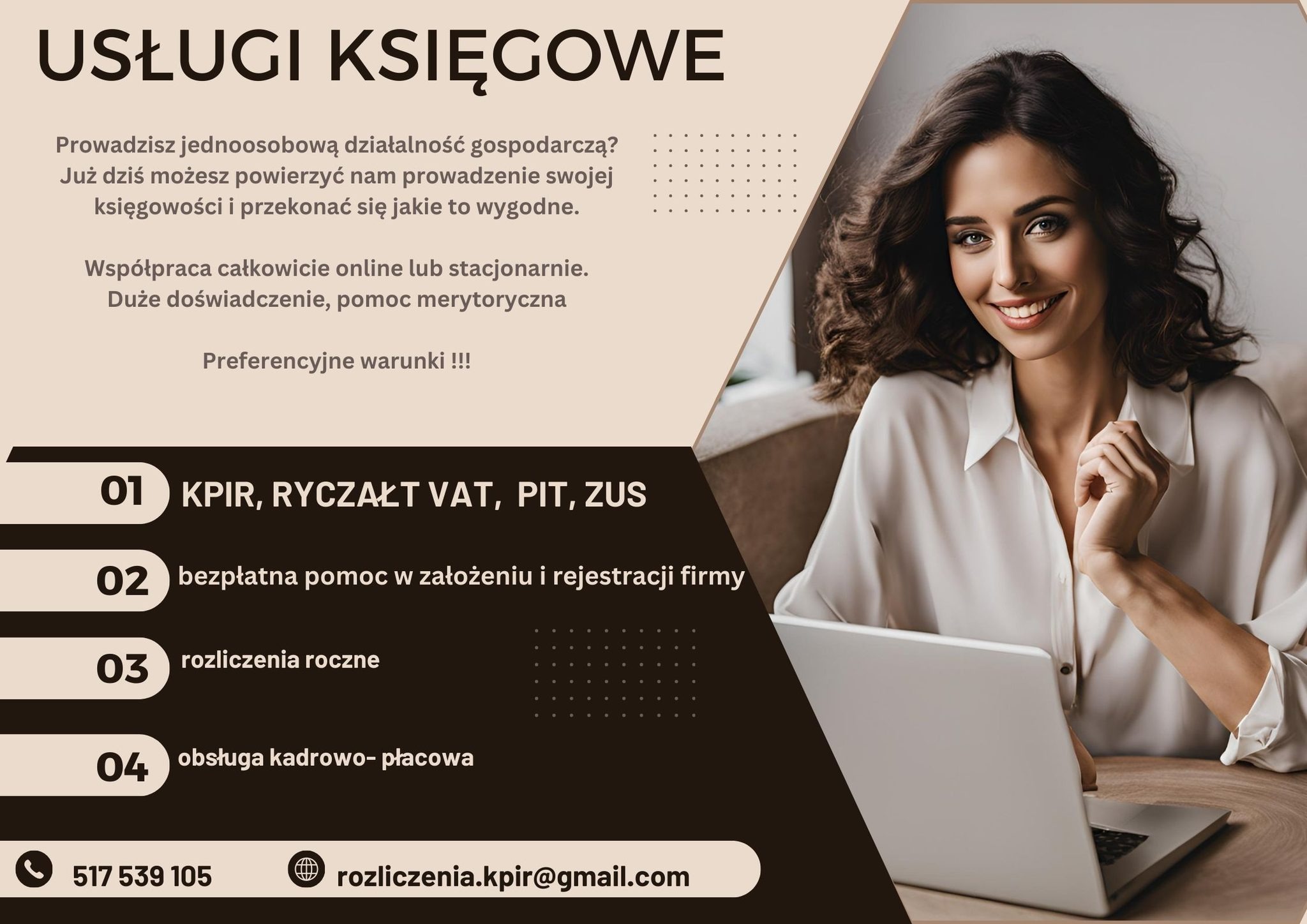 Kobieta uśmiecha się, siedząc przed laptopem, obok grafika z napisem 'Usługi Księgowe' i listą usług: KPIR, ryczałt, VAT, PIT, ZUS, pomoc w założeniu firmy, rozliczenia roczne, obsługa...