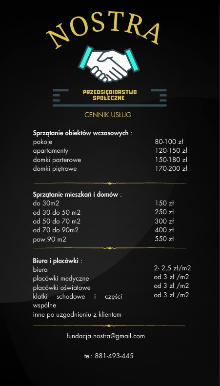 Cennik usług sprzątania firmy Nostra, obejmujący sprzątanie obiektów wczasowych, mieszkań, domów, biur i placówek, z podanymi cenami za poszczególne kategorie i metraże.