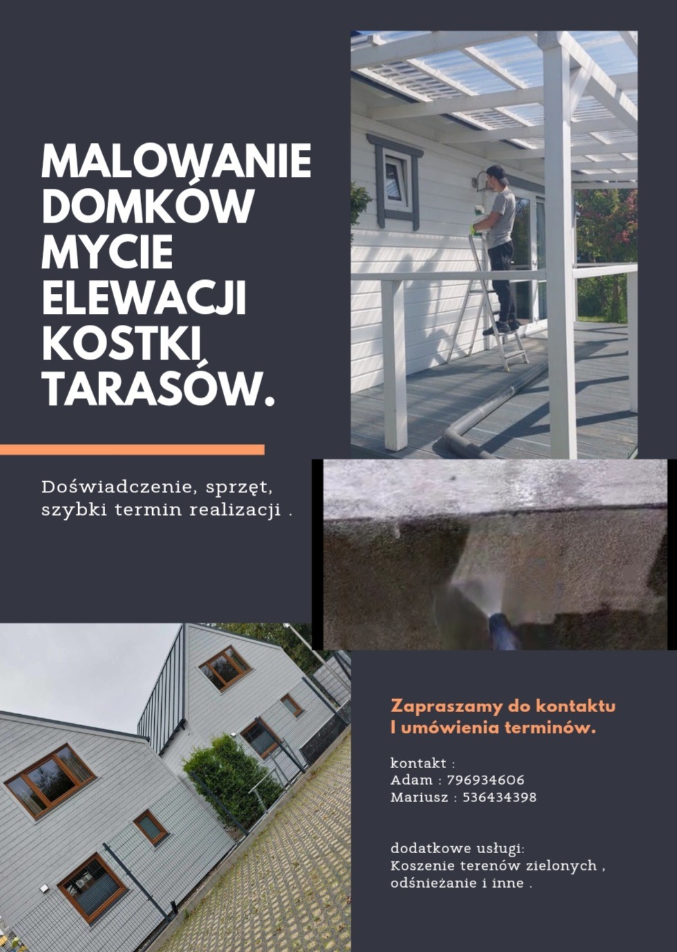 Kompozycja zdjęć prezentująca usługi: malowanie domków (pracownik na drabinie przy białym domku), mycie kostki brukowej pod ciśnieniem oraz domy z szarą elewacją i kostką brukową na podjeździe.