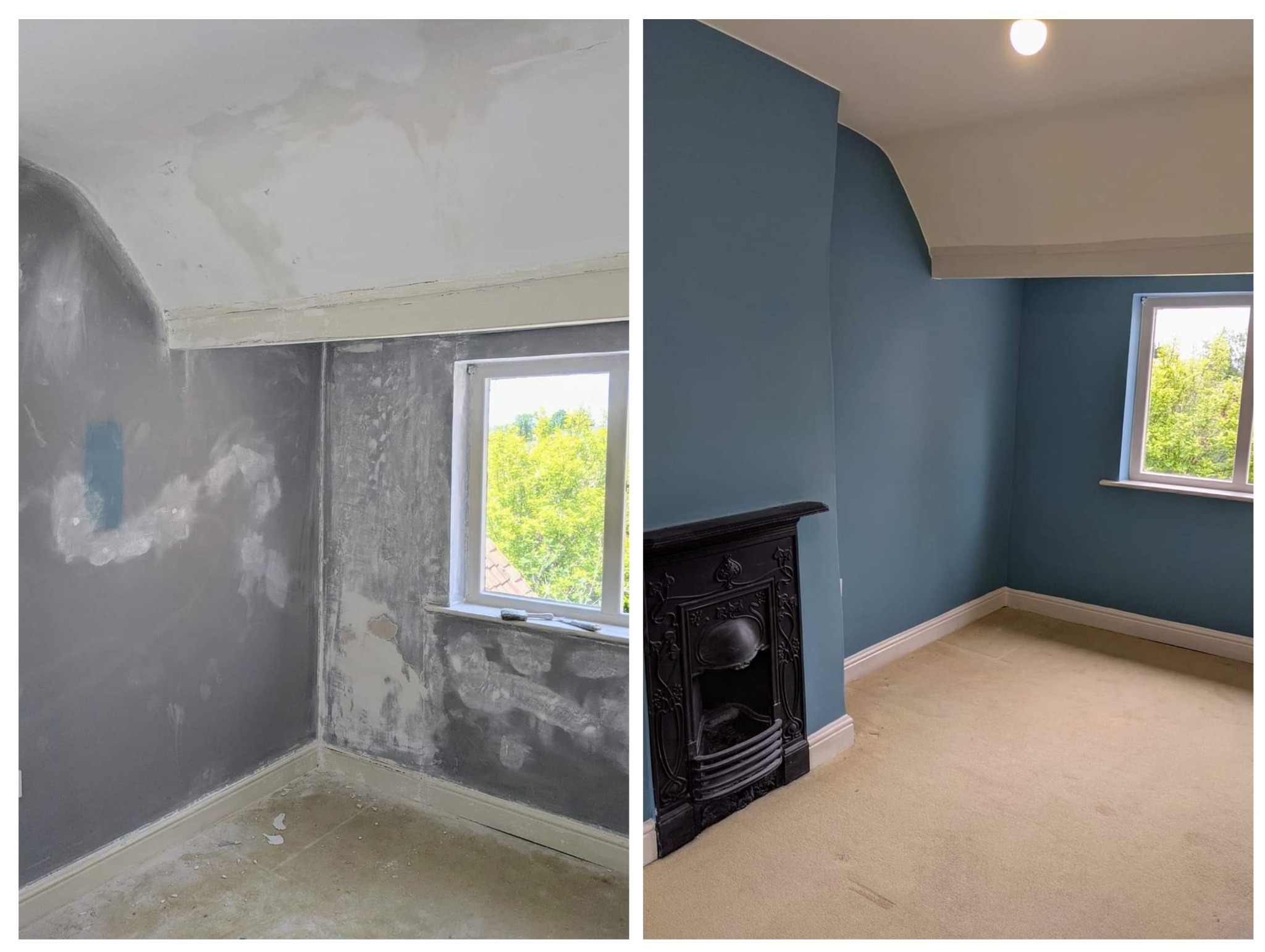 Pokój przed i po remoncie: ściany po szpachlowaniu i gruntowaniu, oraz pomalowane na niebiesko z wykończoną podłogą i odnowionym kominkiem.