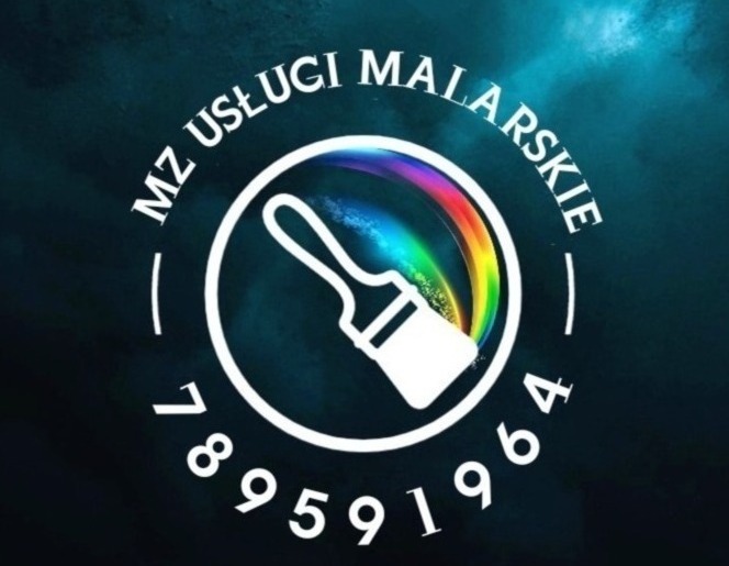 Logo firmy MZ Usługi Malarskie z pędzlem w okręgu z tęczowym akcentem i numerem telefonu na ciemnym tle.