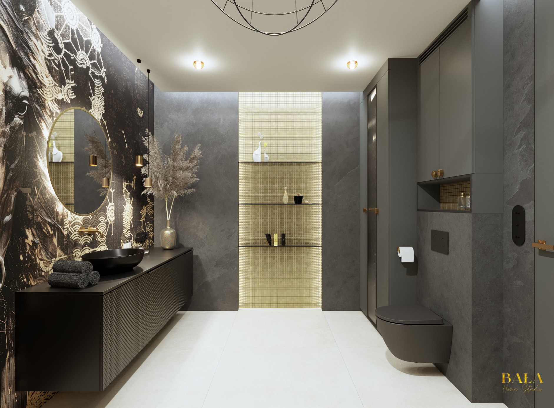 Nowoczesna łazienka w odcieniach szarości i złota z umywalką nablatową, dekoracyjną tapetą z motywem graficznym, złotymi mozaikami na ścianie i minimalistyczną toaletą podwieszaną.