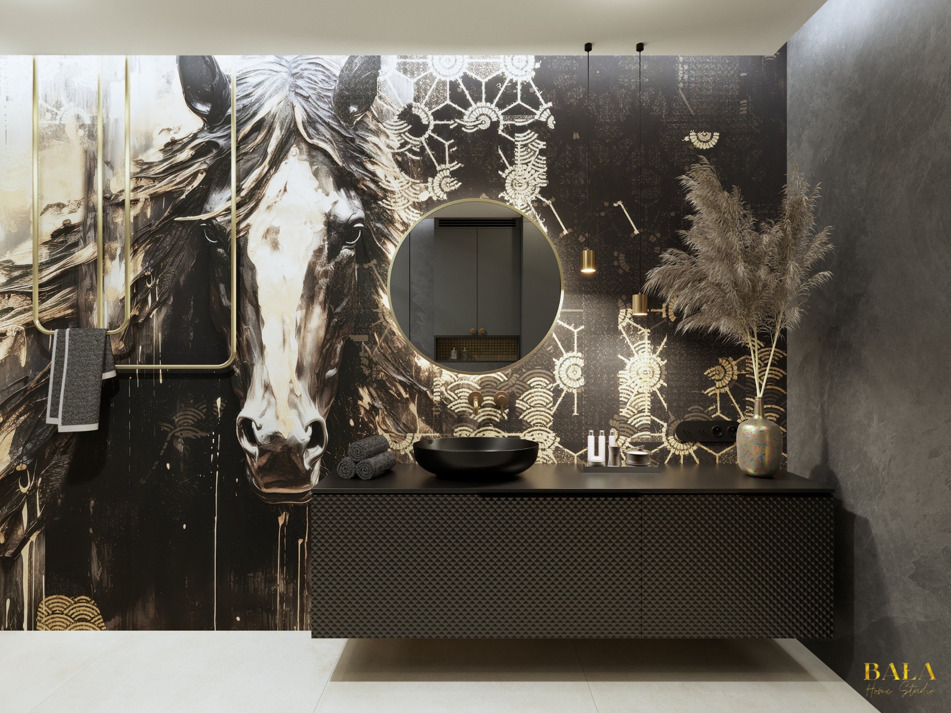 Elegancka łazienka z czarną umywalką nablatową, szafką z geometrycznym wzorem, okrągłym lustrem i tapetą z motywem konia w stylu art deco.