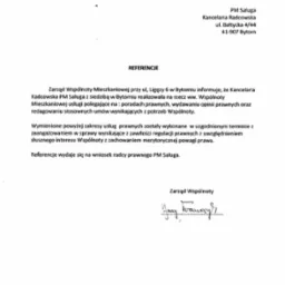 Skan dokumentu referencyjnego dla Kancelarii Radcowskiej PM Saługa z Bytomia, wystawiony przez Zarząd Wspólnoty Mieszkaniowej, potwierdzający realizację usług prawnych, w tym porad prawnych...