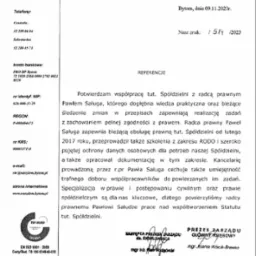 Skan dokumentu referencyjnego od Spółdzielni Mieszkaniowej Nasz Dom z Bytomia, potwierdzający współpracę z radcą prawnym Pawłem Saługą, specjalizującym się w prawie cywilnym i spółdzielczym,...