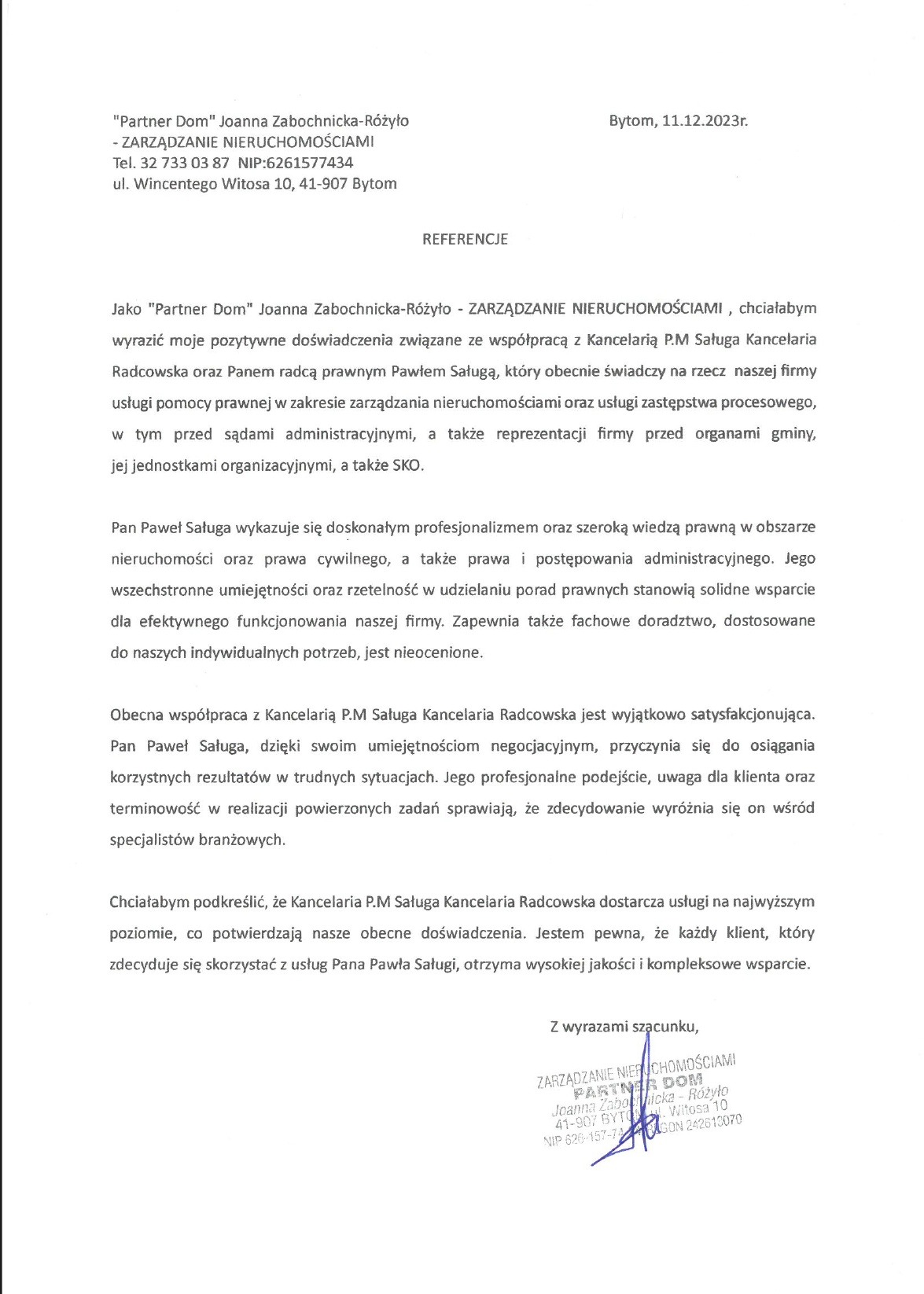 Skan dokumentu referencyjnego dla Kancelarii P.M. Saługa Kancelaria Radcowska, wystawionego przez 'Partner Dom' Joanna Zabochnicka-Różyło z Bytomia, datowanego na 11.12.2023, potwierdzającego...