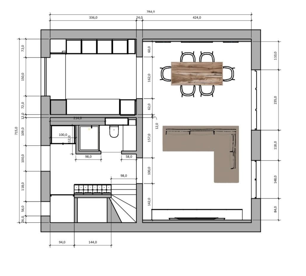 Plan mieszkania z wymiarami, widok z góry, uwzględniający łazienkę, kuchnię, salon i jadalnię.