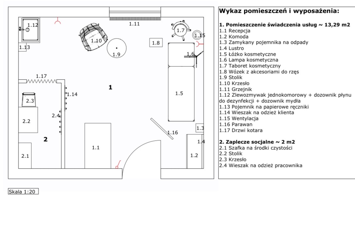 Plan pomieszczenia usługowego o powierzchni 13,29 m2 i zaplecza socjalnego 2 m2, z wykazem wyposażenia, w skali 1:20.