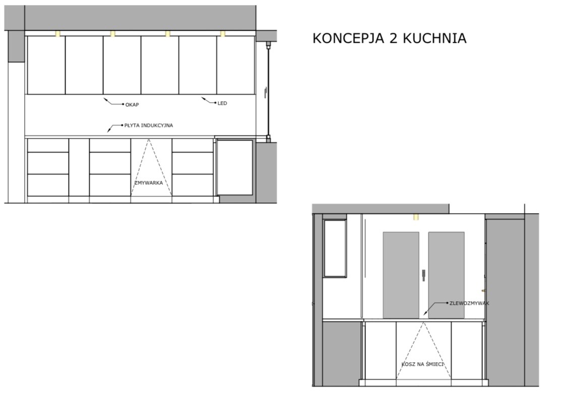 Rzut pionowy koncepcji kuchni z zaznaczonymi elementami: okap, płyta indukcyjna, zmywarka, oświetlenie LED, zlewozmywak i kosz na śmieci.