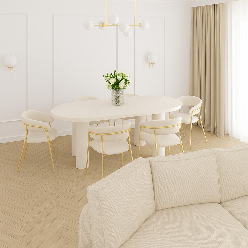 Jasne wnętrze jadalni: owalny stół z kwiatami, krzesła z złotymi nogami, sofa w odcieniach beżu, parkiet w jodełkę i minimalistyczne oświetlenie.