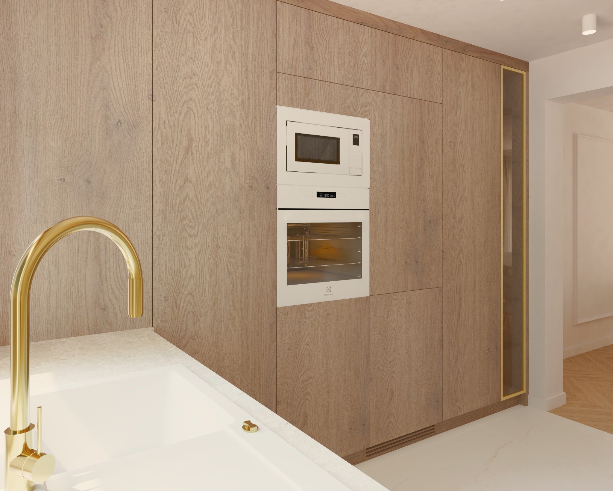 Minimalistyczna kuchnia z drewnianymi szafkami, białym blatem i złotą baterią. W zabudowie piekarnik i mikrofalówka Electrolux. Nowoczesny design.