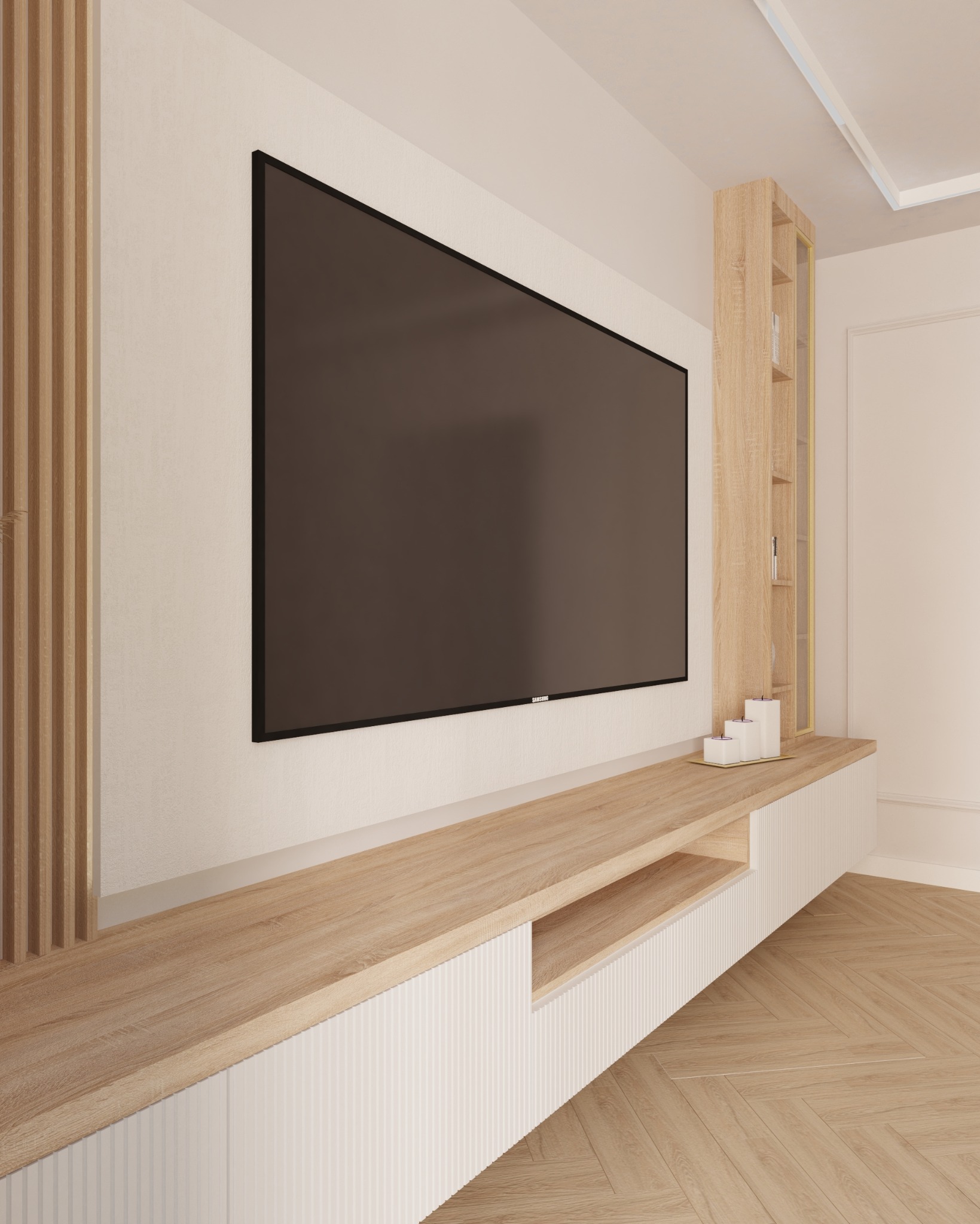 Nowoczesny salon: duży telewizor na ścianie, pod nim długa szafka RTV z drewnianym blatem i białymi żłobieniami, drewniana podłoga w jodełkę, minimalistyczny design.