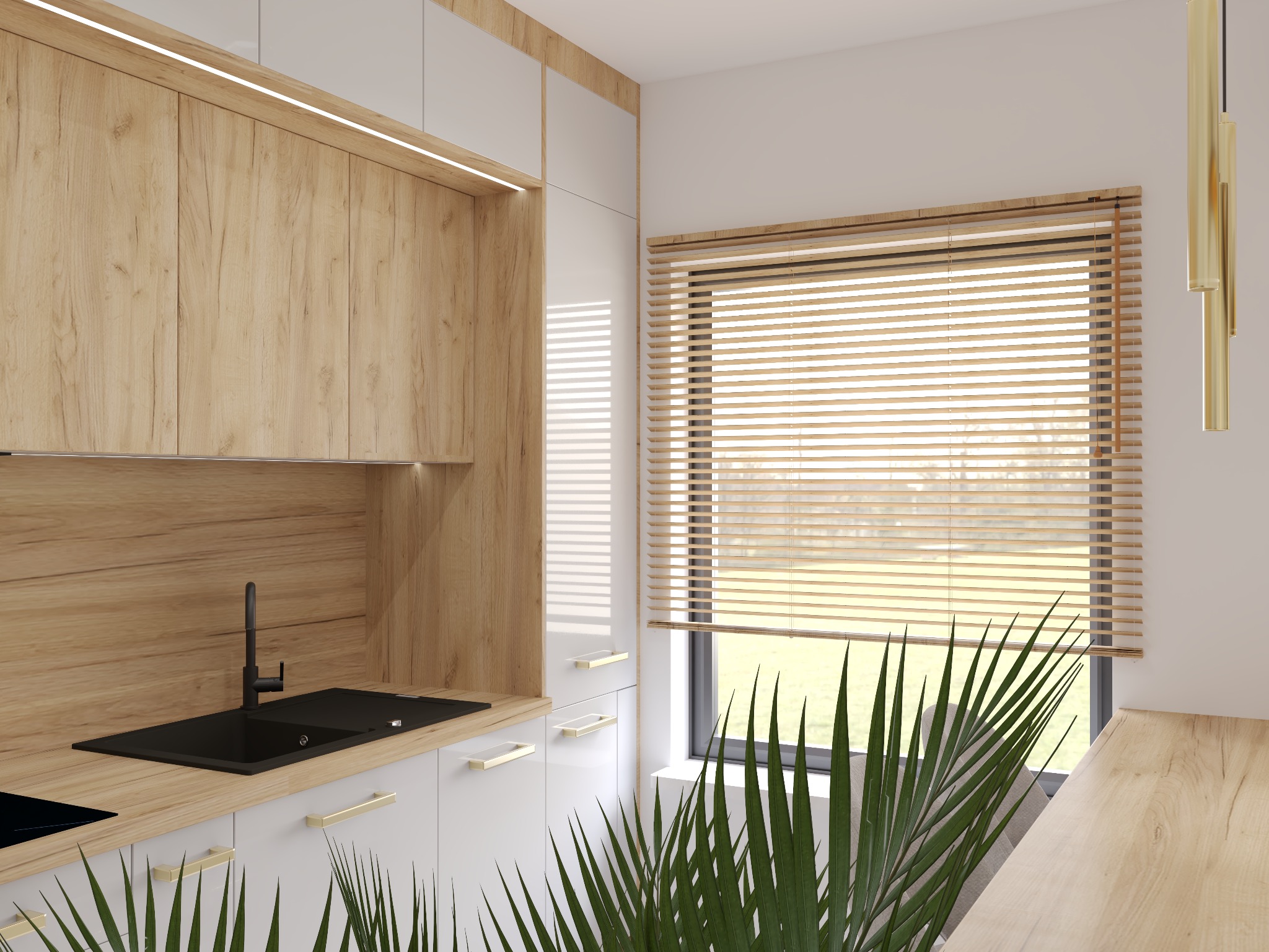 Nowoczesna kuchnia z drewnianymi frontami szafek, białymi szafkami dolnymi i czarnym zlewem. Roślina doniczkowa dodaje naturalnego akcentu. Żaluzje w oknie.