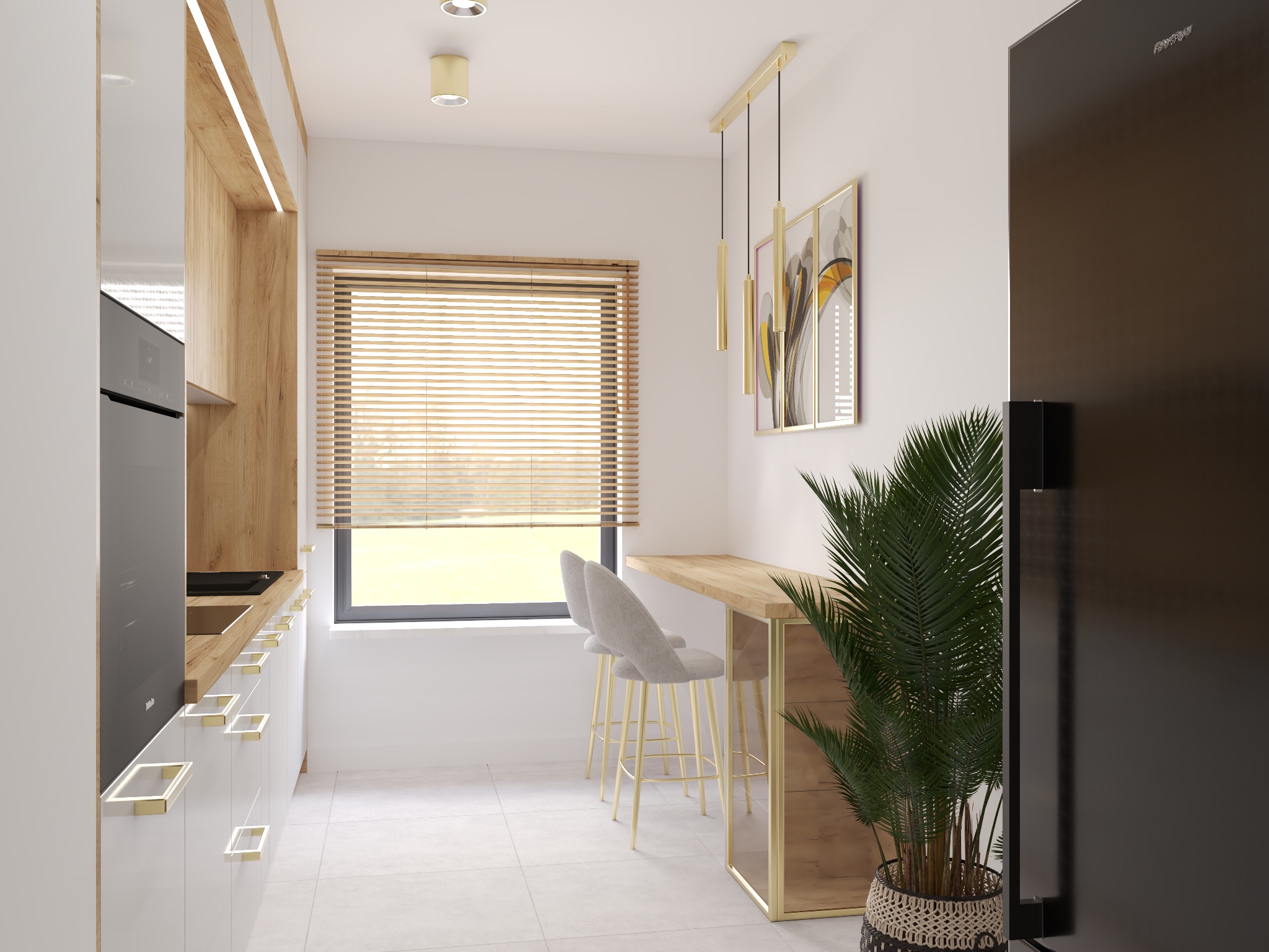 Jasna kuchnia z drewnianymi akcentami: blat, żaluzje, oświetlenie. Dwie szare krzesła barowe przy blacie. Czarna lodówka i roślina doniczkowa z prawej.