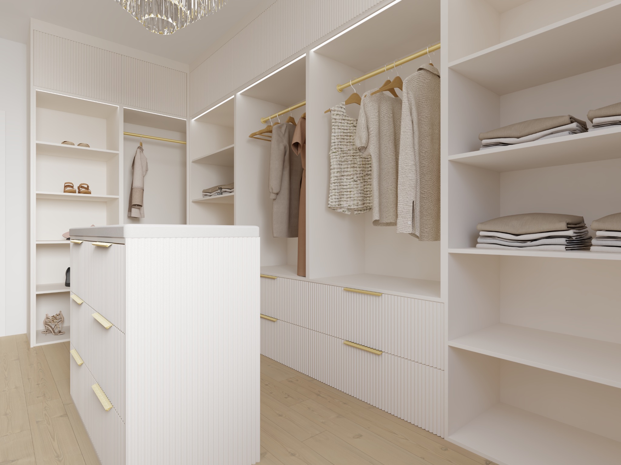 Jasna garderoba z frezowanymi frontami, złotymi relingami i kryształowym żyrandolem. Minimalistyczny design z drewnianą podłogą, ubrania na wieszakach i półkach.