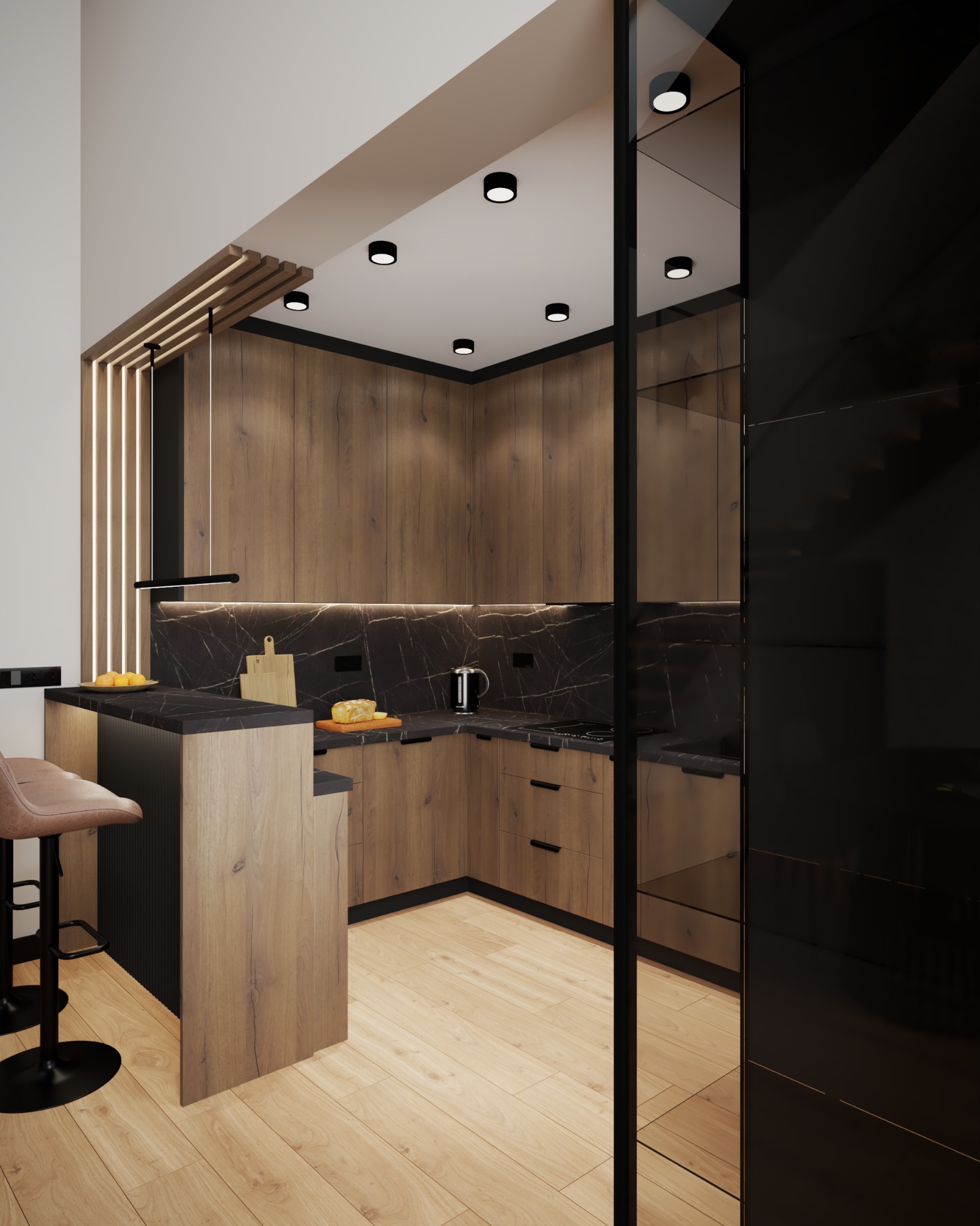 Nowoczesna kuchnia z drewnianymi frontami i czarnym blatem. Widoczne oświetlenie punktowe i wyspa kuchenna z hokerem. Minimalistyczny design z elementami dekoracyjnymi.