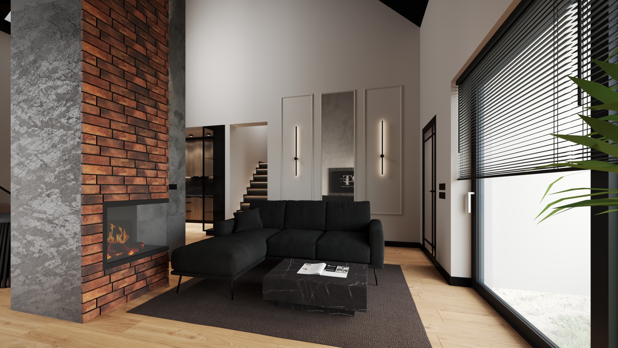 Nowoczesny salon z ceglanym kominkiem, czarną sofą i marmurowym stolikiem kawowym. Minimalistyczne oświetlenie i duże okno z żaluzjami.