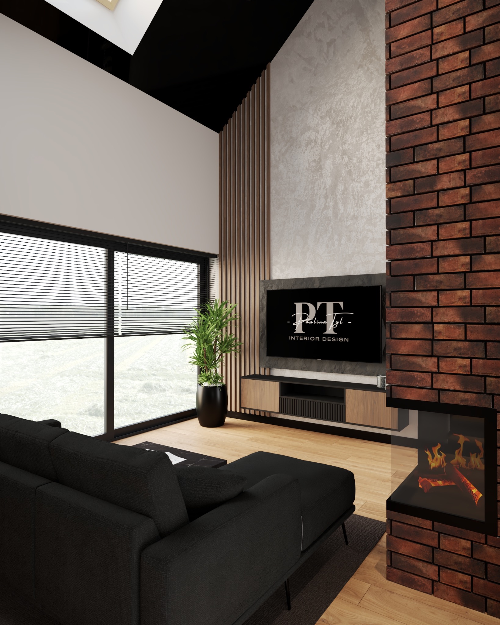 Nowoczesny salon z ceglanym kominkiem, czarną sofą i dużym oknem z widokiem na zieleń. Minimalistyczny design z elementami drewna i betonu architektonicznego.