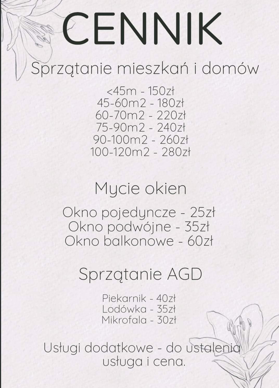 Cennik usług: sprzątanie mieszkań, mycie okien, sprzątanie AGD, z podziałem na metraż i typ okna.