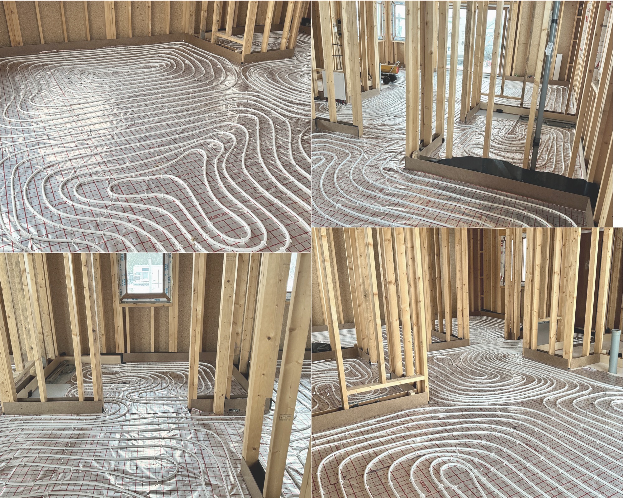 Rozłożone rury ogrzewania podłogowego na folii z siatką wewnątrz drewnianej konstrukcji domu w stanie surowym zamkniętym.