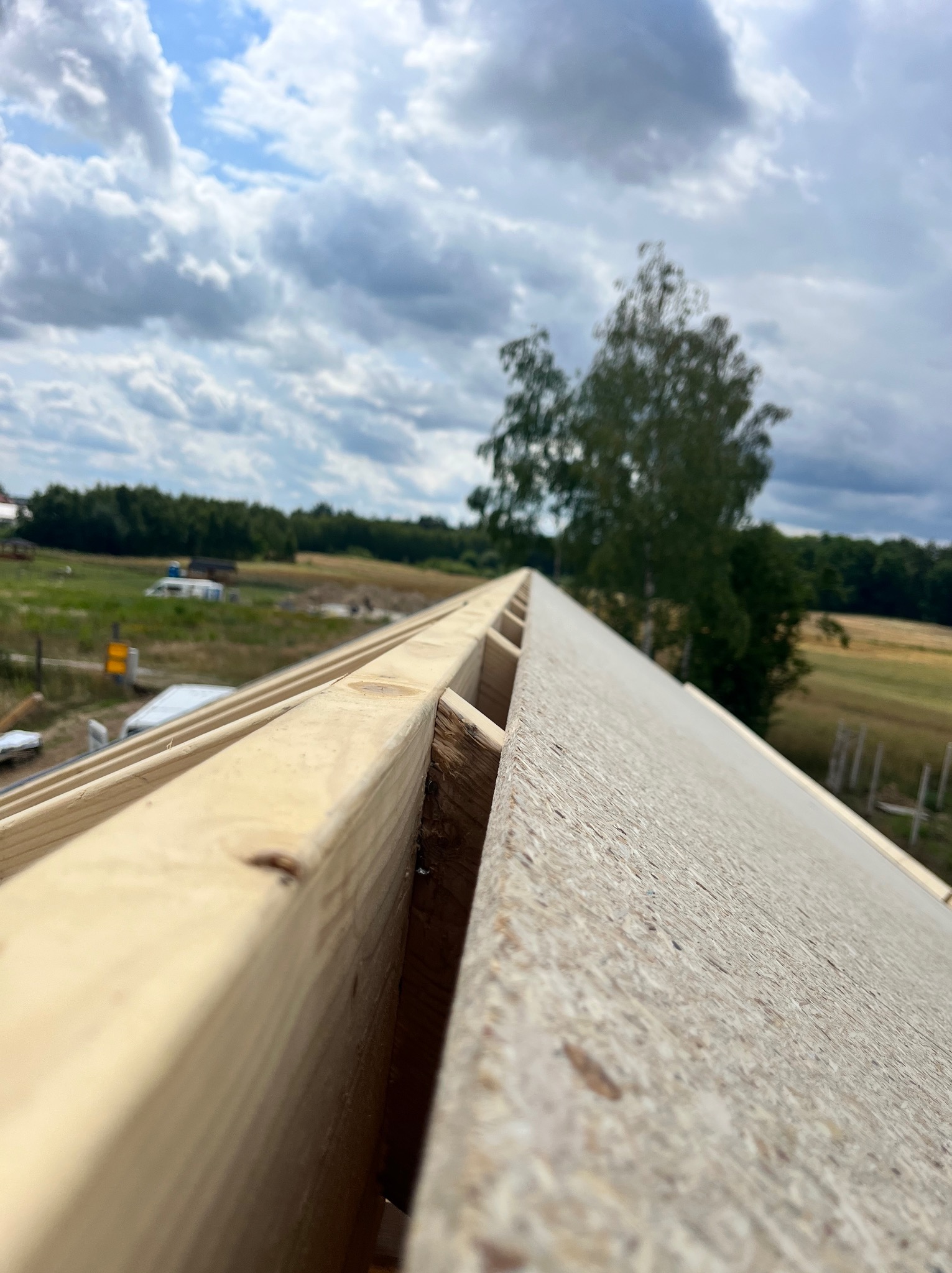 Konstrukcja drewniana dachu z płyt OSB w trakcie budowy, widok z góry na tle pochmurnego nieba i zieleni