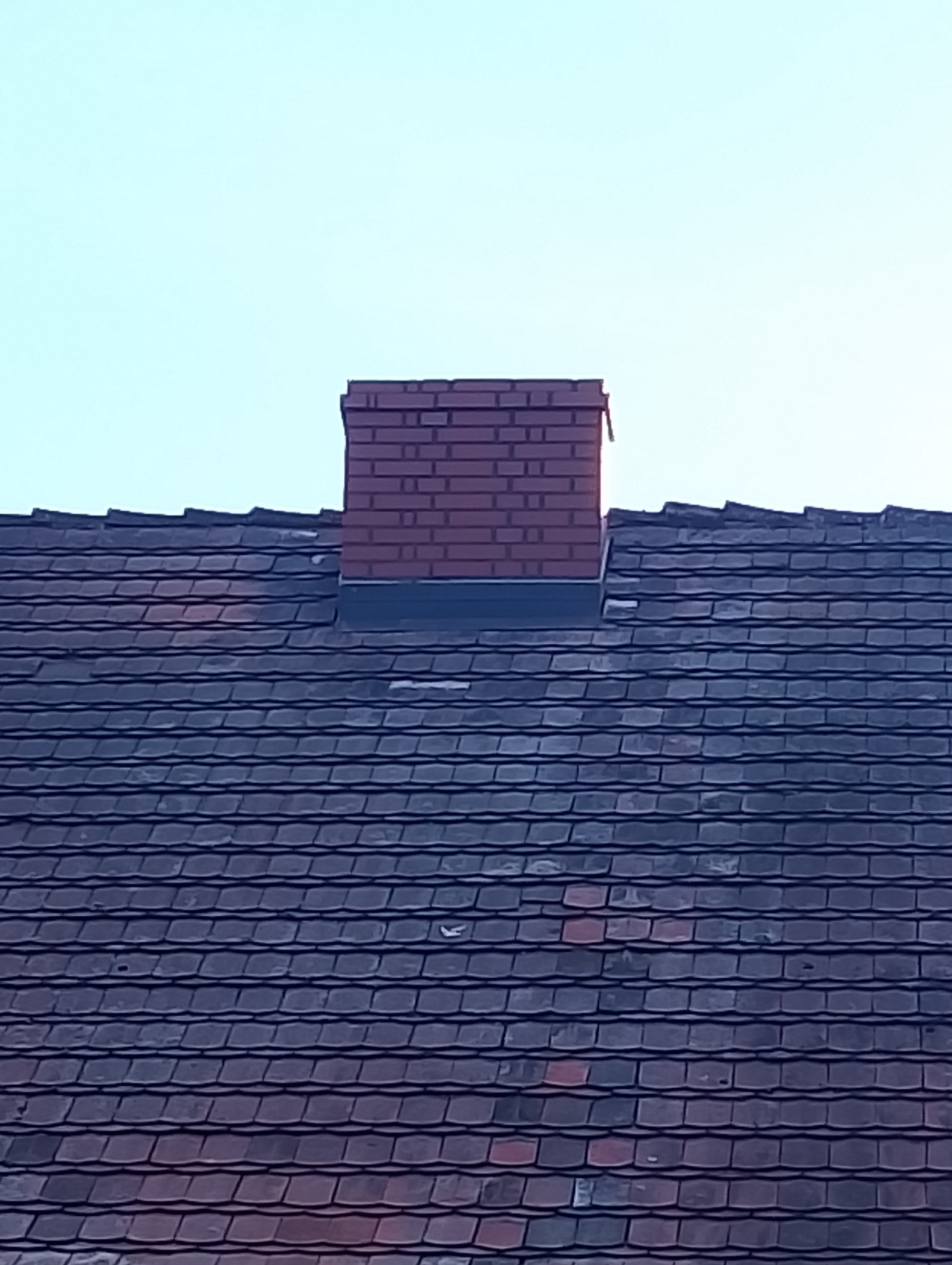 Czerwony ceglany komin wystający z ciemnego dachu pokrytego dachówką ceramiczną na tle jasnego nieba.