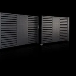 Cztery ujęcia nowoczesnej, grafitowej bramy przesuwnej z poziomymi panelami i perforowanym fragmentem, prezentowane na czarnym tle z odbiciem.